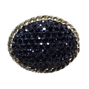 Vintage Brooch Women's Mourning Pin Black Rhinestone Goldtone Oval Sparkle